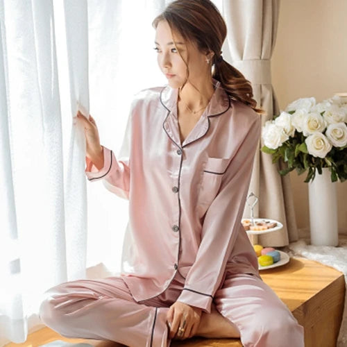Womens Silk Satin Pajamas Pyjamas Set Long Sleeve Sleepwear Pijama Pajamas Suit Female Sleep Two Piece Set Loungewear Plus Size