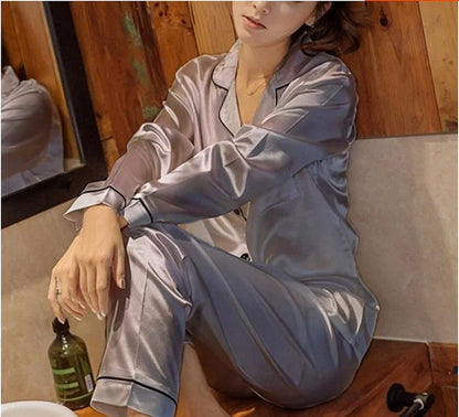 Womens Silk Satin Pajamas Pyjamas Set Long Sleeve Sleepwear Pijama Pajamas Suit Female Sleep Two Piece Set Loungewear Plus Size