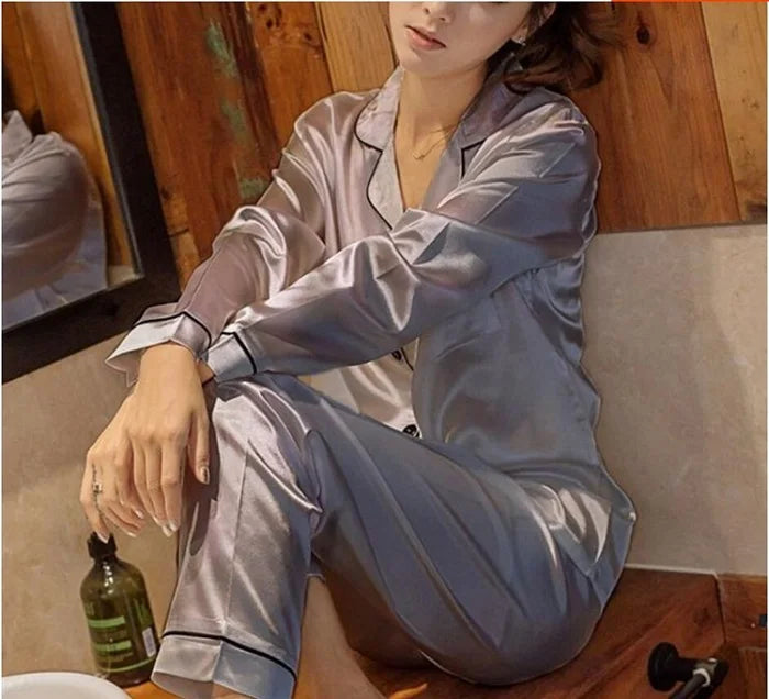 Womens Silk Satin Pajamas Pyjamas Set Long Sleeve Sleepwear Pijama Pajamas Suit Female Sleep Two Piece Set Loungewear Plus Size