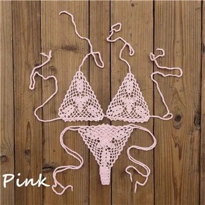 13 Color Handmade Bikini Sets Crochet Black Lace Thong String Swimwear Sunbathing Swimsuit