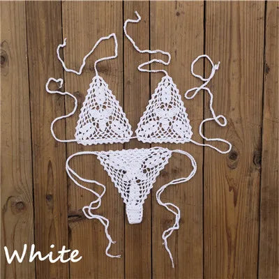13 Color Handmade Bikini Sets Crochet Black Lace Thong String Swimwear Sunbathing Swimsuit