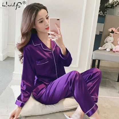 Womens Silk Satin Pajamas Pyjamas Set Long Sleeve Sleepwear Pijama Pajamas Suit Female Sleep Two Piece Set Loungewear Plus Size