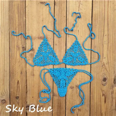 13 Color Handmade Bikini Sets Crochet Black Lace Thong String Swimwear Sunbathing Swimsuit