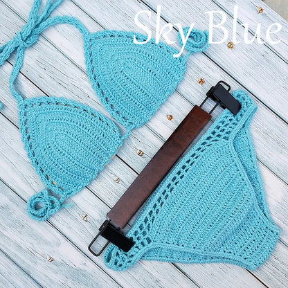 Have Lining Chest Pad Micro Bikini Set Women Crochet Sexy Swimsuit Solid Bikini Backless Swimwear Low Waist Bathing Suit Female