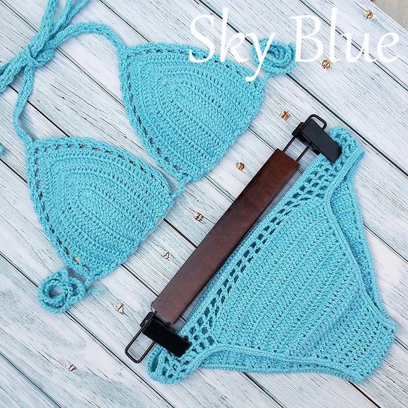 Have Lining Chest Pad Micro Bikini Set Women Crochet Sexy Swimsuit Solid Bikini Backless Swimwear Low Waist Bathing Suit Female