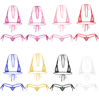 Womens Sexy See-through Mesh Strappy Micro Bikini Set Triangle Swimwear Swimsuit Bathing Suit for Beach Sunbath Swimming Pool