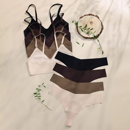 Hot Sale Ladies' V-Neck Style Wire-Free Seamless Underwear Set With Briefs Women Underwear Bras And Panties Set