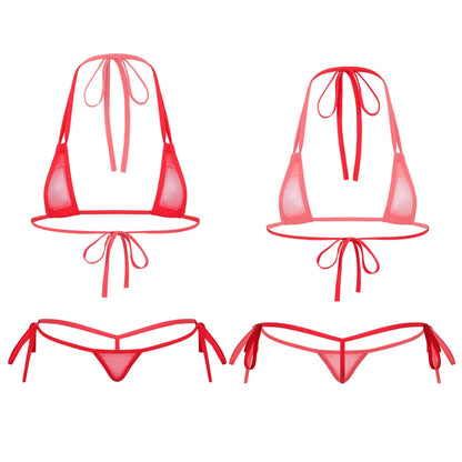 Womens Sexy See-through Mesh Strappy Micro Bikini Set Triangle Swimwear Swimsuit Bathing Suit for Beach Sunbath Swimming Pool