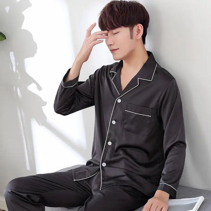 Solid Color Sleepwear Silk Satin Pajamas Couple Set Long Button-Down Pyjamas Suit Pijama Women Men Loungewear Plus Size Pj Set
