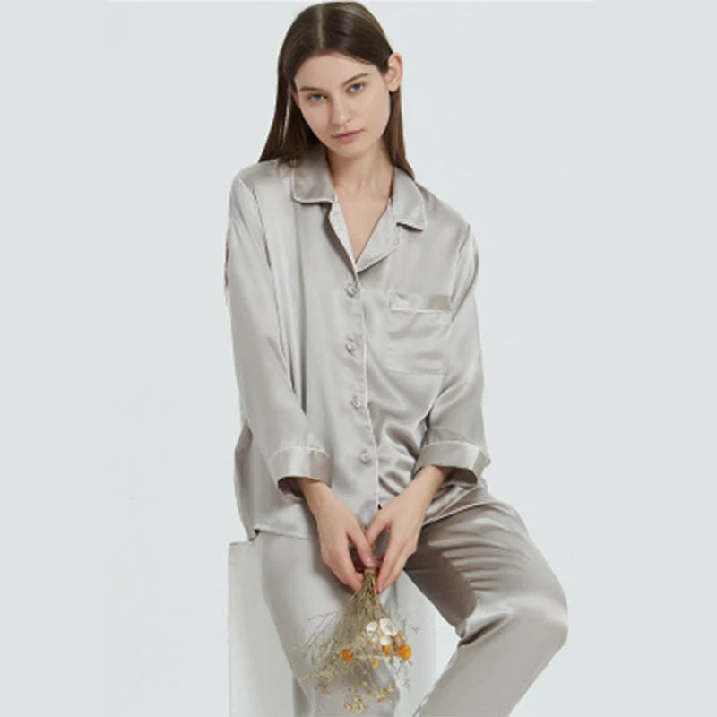 New Natural 100% Mulberry Silk Pajamas Women Set Suit Female Nghtwear Lady Sex Fashion Bed 19mm Heavy Home Service Homewear