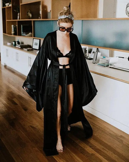 2019 New Solid Robes Women Black Red Long Sleeve Nightgown Ladies Girls Silk Satin Smooth Spring Lace Sleepwear Female Bathrobe
