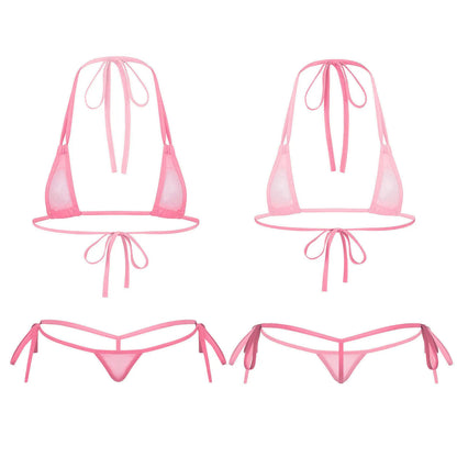 Womens Sexy See-through Mesh Strappy Micro Bikini Set Triangle Swimwear Swimsuit Bathing Suit for Beach Sunbath Swimming Pool