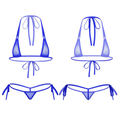 Womens Sexy See-through Mesh Strappy Micro Bikini Set Triangle Swimwear Swimsuit Bathing Suit for Beach Sunbath Swimming Pool
