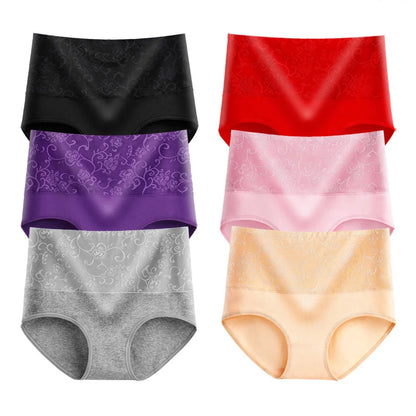 Plus Size Women's Cotton Underwear High Waisted Tummy Control Panties Full Coverage Briefs Jacquard Ladies Panty 3 Pack