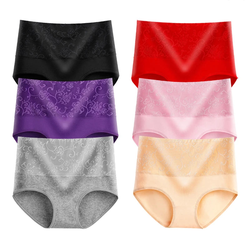 Plus Size Women's Cotton Underwear High Waisted Tummy Control Panties Full Coverage Briefs Jacquard Ladies Panty 3 Pack
