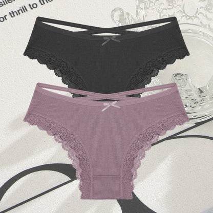 2PCS Cotton Panties for Women Sexy Lace Brazilian Briefs Female Low-Waist Cross Webbing Underpants Stretch Breathable Intimates