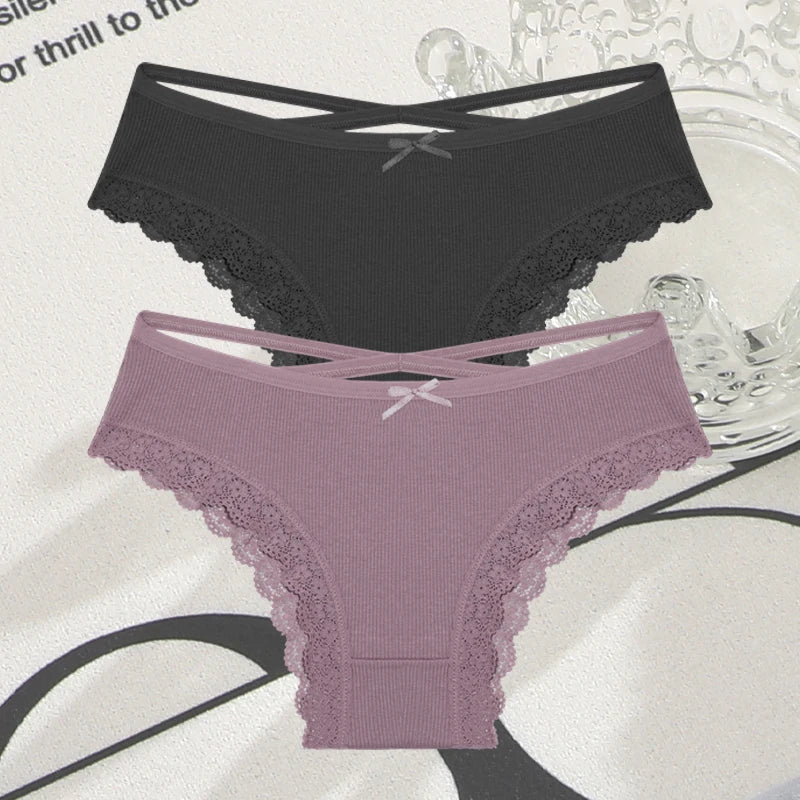 2PCS Cotton Panties for Women Sexy Lace Brazilian Briefs Female Low-Waist Cross Webbing Underpants Stretch Breathable Intimates