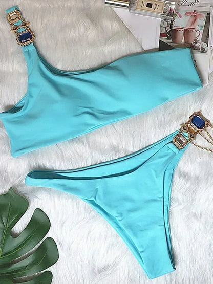 2025 Shiny Rhinestone Diamond Bikini Women Swimsuit Female Swimwear Two Pieces Bikini Set Halter Metal Chains Bathing Suit Swim