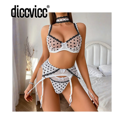 Diccvicc Polka Dot Lingerie Sheer Mesh See Through Romantic Underwear Set Elegant Woman Attractive Sexy Outfit Intimate Apparel