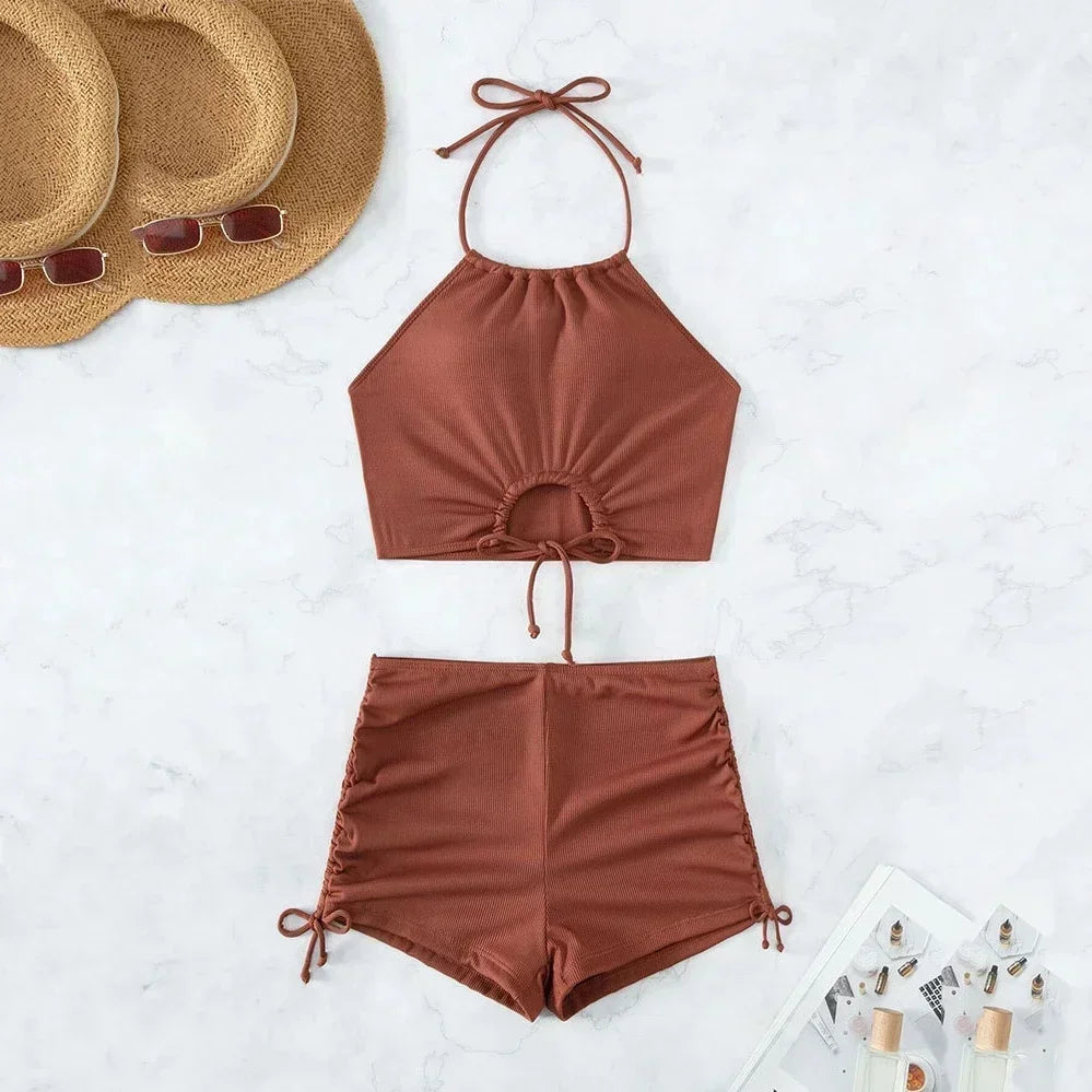 Brown Ribbed Swimwear Shorts Swimsuits Women Halter Bikinis Sets String Drawstring Bathing Suit Beachwear Sexy Bikini 2026 Mujer