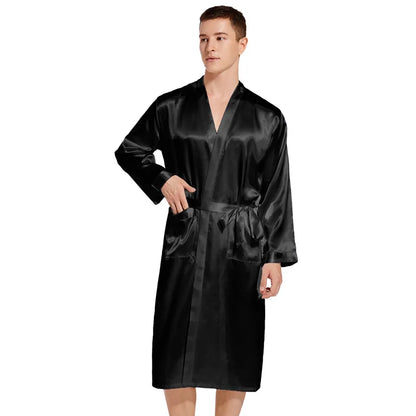 Summer New Men Solid Color Kimono Robe Satin Bathrobe Gown Summer New Sleepwear Loose Pijamas De Hombre Ice Silk Peignoir Homme