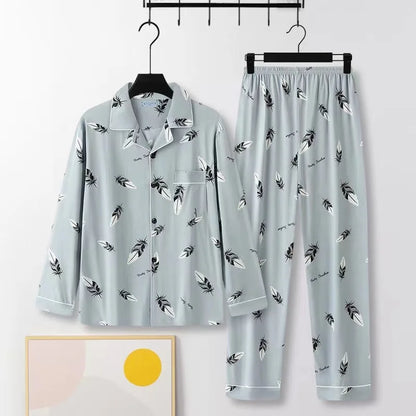 Casual Pure Cotton Men's Sleepwear Long Sleeve Long Pants Two-Piece Set Plaid Striped Simple Wearable Home Clothes