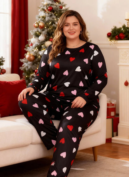 Autumn and winter plus-size women's Valentine's Day long-sleeved top with heart print + long pants pajamas home wear set