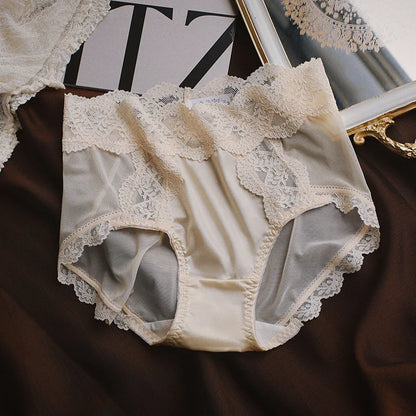 Women Luxury Lace Exquisite Sexy Mesh Transparent Satin Panties Elasticity Breathable Middle Waist Underwear Embroidery Breifs
