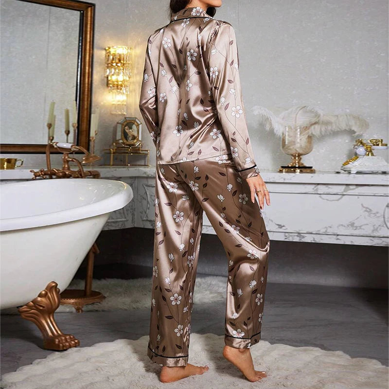 Women's Color-Blocked Floral Print Pajama Set Satin Long Sleeve And Pant For Comfortable Sleep Soft Loungewear And Sleepwear Pjs