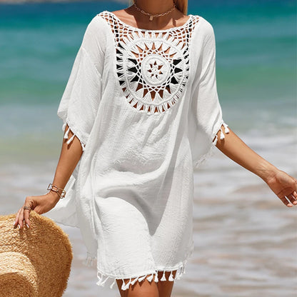 Holiday Knitting Crochet Beach Short Cover Ups Dress Splicing Solid Color Beachwear Small Tassel Sunscreen Sexy Beach Smock
