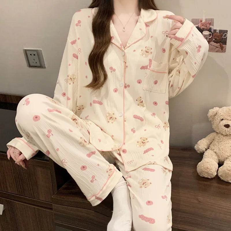 Spring and Autumn New Women's Pajamas Loungewear Set Girl Love Cardigan Pajamas Crinkled Fabric Loungewear Long Sleeve Set