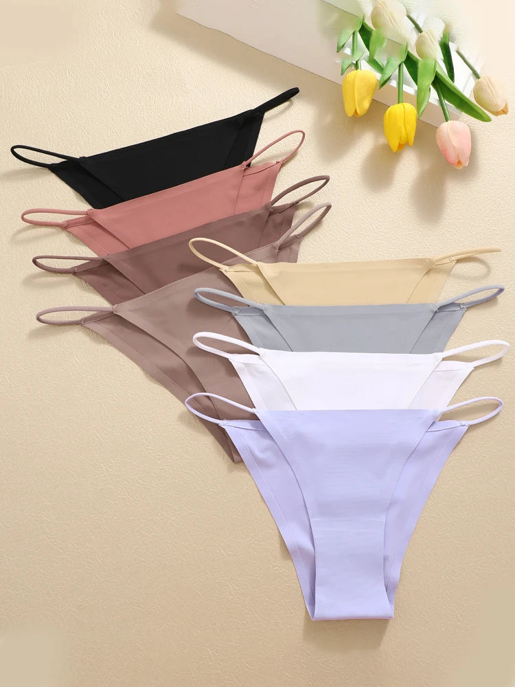 FINETOO 6Pcs Seamless Ice Silk Underwear for Women Sexy Thin Strap Briefs Girls Low Waist Breathable Panties No Trace Lingerie