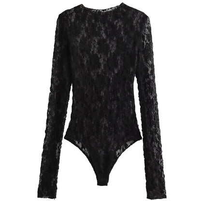HXAO Women's Bodysuit Lace Bodysuit Autumn Black Cutwork O-Neck Long Sleeves High Spandex Bodysuits Sexy Lingerie For Fine Women