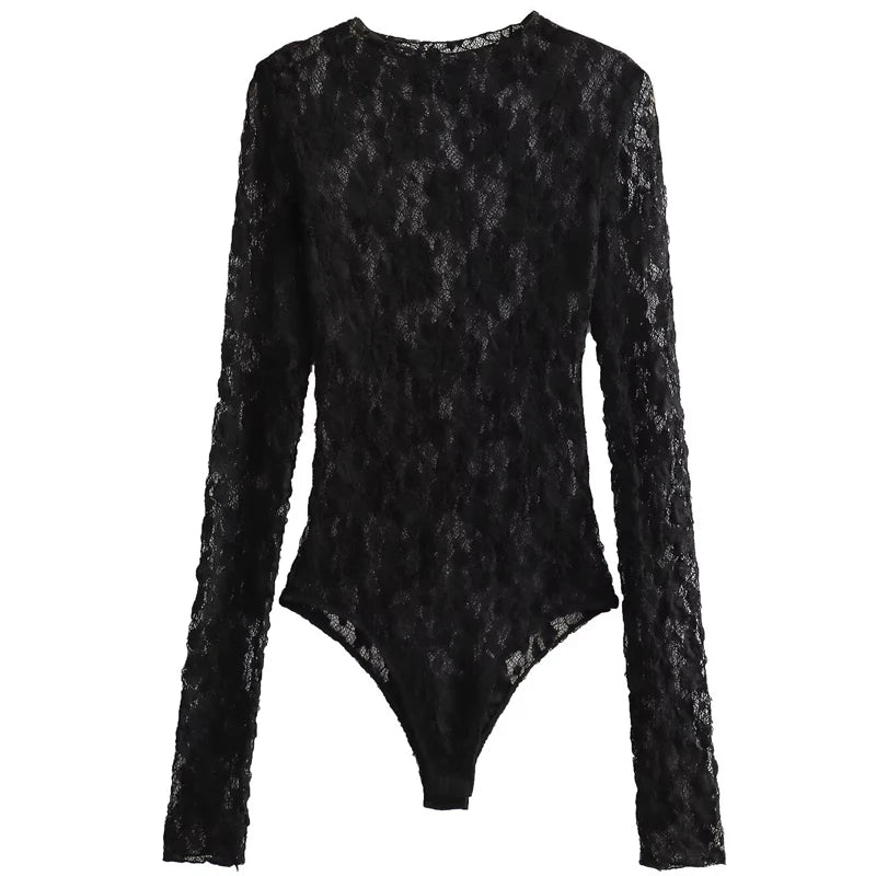 HXAO Women's Bodysuit Lace Bodysuit Autumn Black Cutwork O-Neck Long Sleeves High Spandex Bodysuits Sexy Lingerie For Fine Women