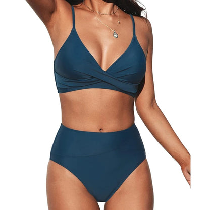 Bikini Set Women's 2 Piece Swimwear Cross Ruched V Neck High Waisted Push Up Bikini 2025 New Beach Vacation Ladies Bathing Suit