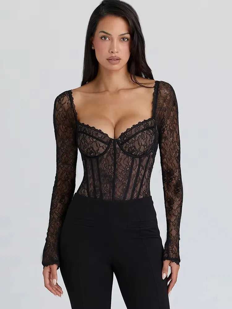 JULISSA MO Sexy Square Collar Sheer Lace Zipper Women Bodysuit Long Sleeve Print Floral Lady Winter Bodycon Elegant Playsuit New