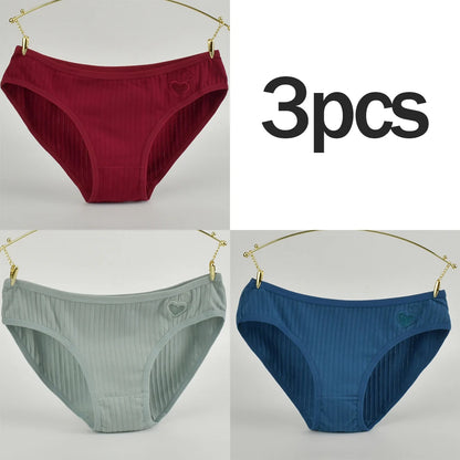 3PCs Teen Girls Cotton Underwear Low-Rise Heart Print Briefs Soft Breathable Everyday Panties Minimalist Design Lady Summer Wear
