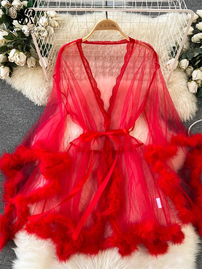 SINGREINY Female Sheer Shapewear Robes Fashoin Long Sleeve Plush Spliced Thin Lingerie Women Lace Up Erotic Midi Long Sexy Robes