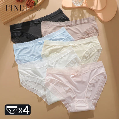 4Pcs Ice Silk Lace Panties Seamless Soild Underwear For Women Sexy Ultra-thin Breathable Briefs Girls Soft Transparent Lingerie