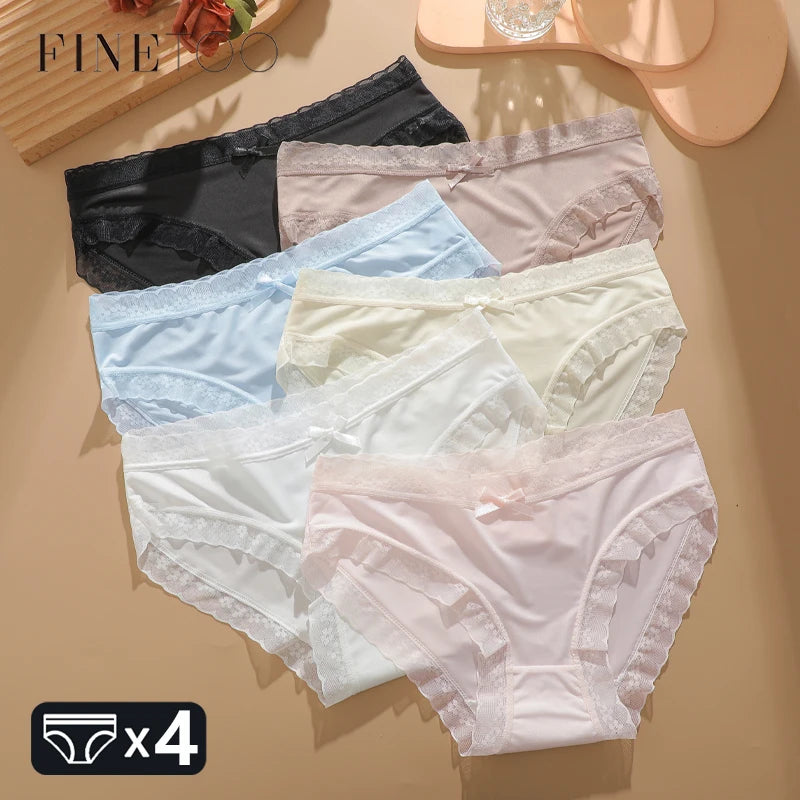 4Pcs Ice Silk Lace Panties Seamless Soild Underwear For Women Sexy Ultra-thin Breathable Briefs Girls Soft Transparent Lingerie