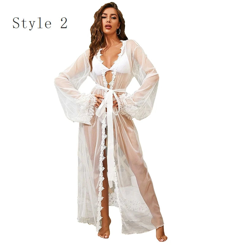 5 Color Women Sexy Lace Wedding Bride Robes Bridesmaid Gowns Sheer Kimono Bathrobe Femme Long Sleeve Nightgowns Nightdress