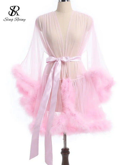 SINGREINY Female Sheer Shapewear Robes Fashoin Long Sleeve Plush Spliced Thin Lingerie Women Lace Up Erotic Midi Long Sexy Robes