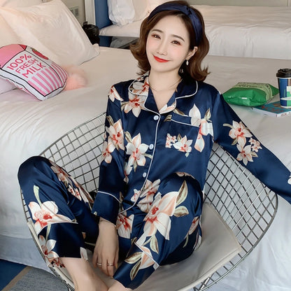 2025 Satin Silk Pajamas Set Women Cartoon Printed Full Sleeve Sleepwear Pijamas Suit Homewear 2 Pieces Loungewear Pjs Plus Size
