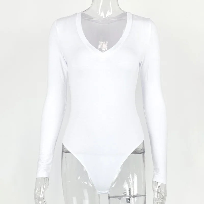 Sexy Solid Black White Bodysuit Women's V Neck Long Sleeve Slim Bodycon One Piece Jumpsuit Top