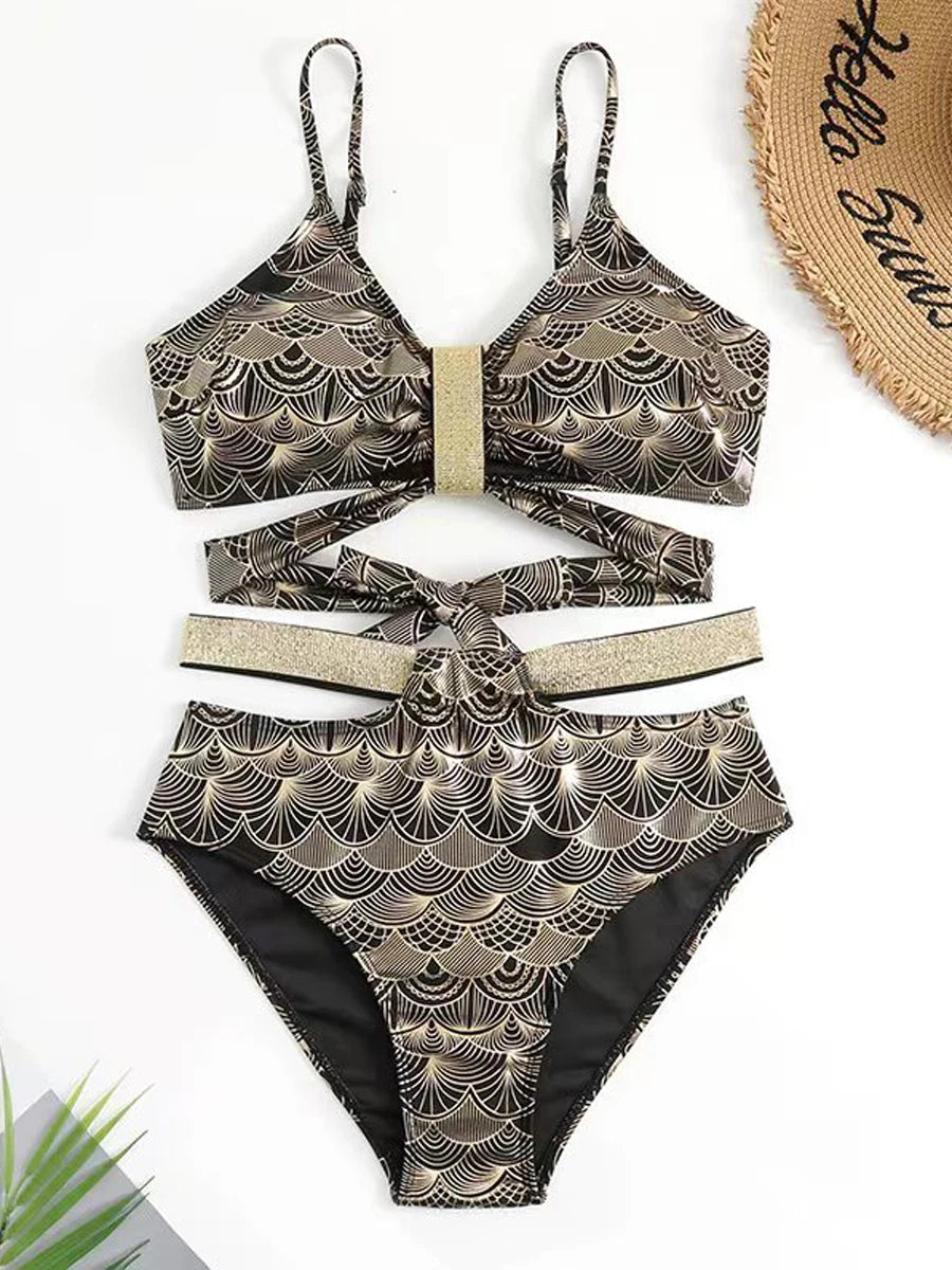 Metallic Stitch Strape Bikini 2026 Women Push Up Golded print Swimsuit Female High Waist Swimwear Bathers Bathing Suit Beachwear