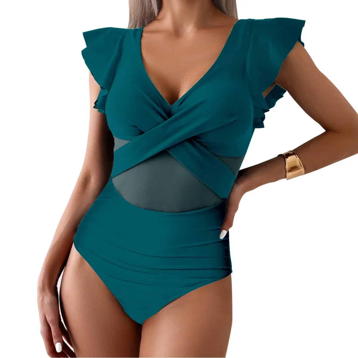 Women's Swimsuit 2024 Trend Tummy Control V Neck Sexy Bikini Ruched Bathing Suits Slim Fit Ruffle Sleeve Swimwear