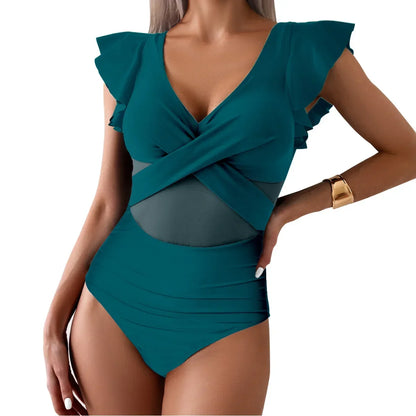 Women's Swimsuit 2024 Trend Tummy Control V Neck Sexy Bikini Ruched Bathing Suits Slim Fit Ruffle Sleeve Swimwear