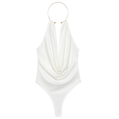 HXAO Brown Halter Bodysuit Women Summer Bodys For Sexy Women Off Shoulder Sleeveless Thong Bodysuit With Open Back Rave Bodysuit