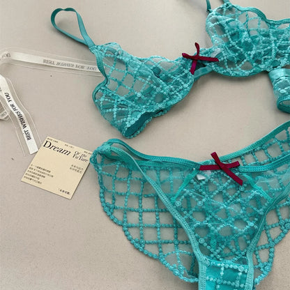 Bra + Panties + Garter, Lace Ultrathin Transparent Push Up Women Sexy Sleep Underwear Sets Lattice Push Up Young Girls Blue