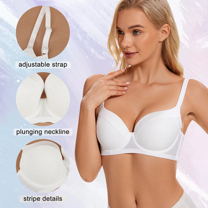 Sheroine Plus Size T-Shirt Bra, Push Up Underwire Lightly Padded Full Coverage Plunge Bras for Women Supportive Comfort